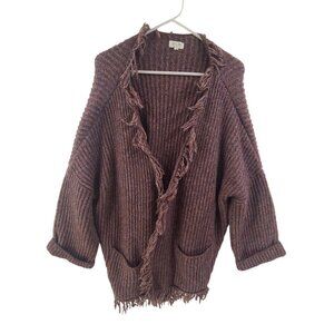 World Market Cardigan Sweater Chunky Knit Fring Hem Pockets Brown Women's OS